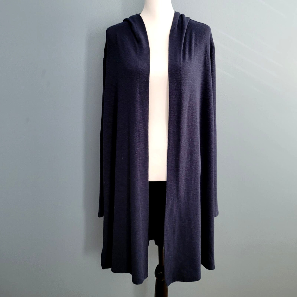 Laila Jayde Women's Navy Blue Hooded Open Front Duster Cardigan